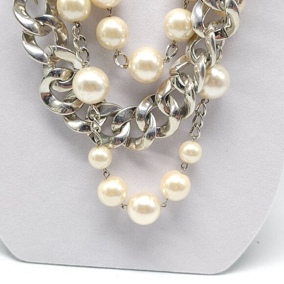 Large Bauble Layered Pearl Silver Tone Chain Necklace - Picture 2 of 5